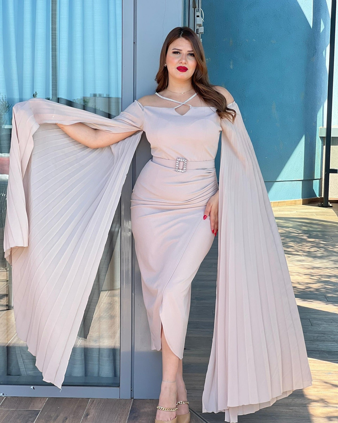 🤍 Royal Elegance Cape Dress – Beige Edition
