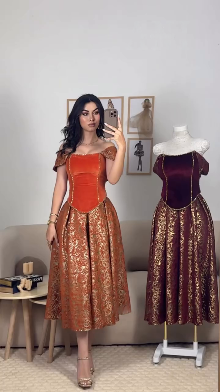 Robe Midi de Bal en Velours & Brocart Doré