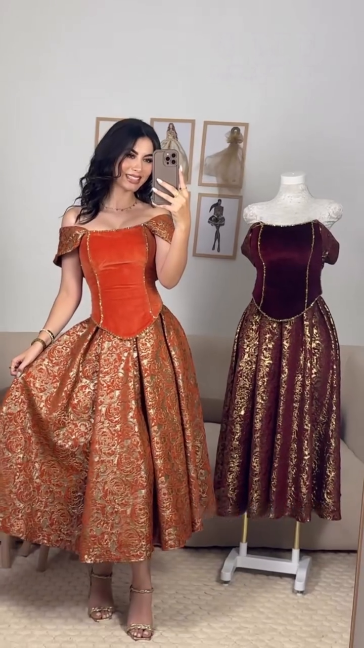 Robe Midi de Bal en Velours & Brocart Doré