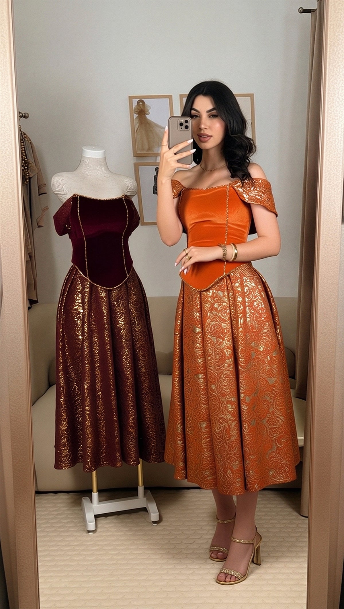 Robe Midi de Bal en Velours & Brocart Doré