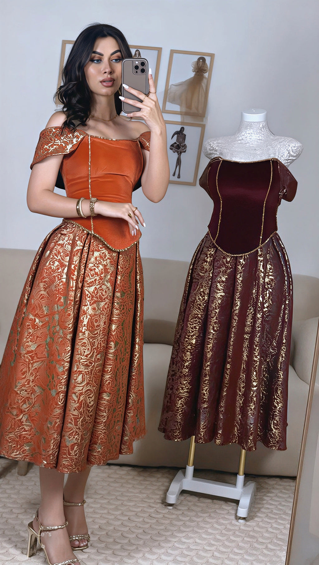 Robe Midi de Bal en Velours & Brocart Doré