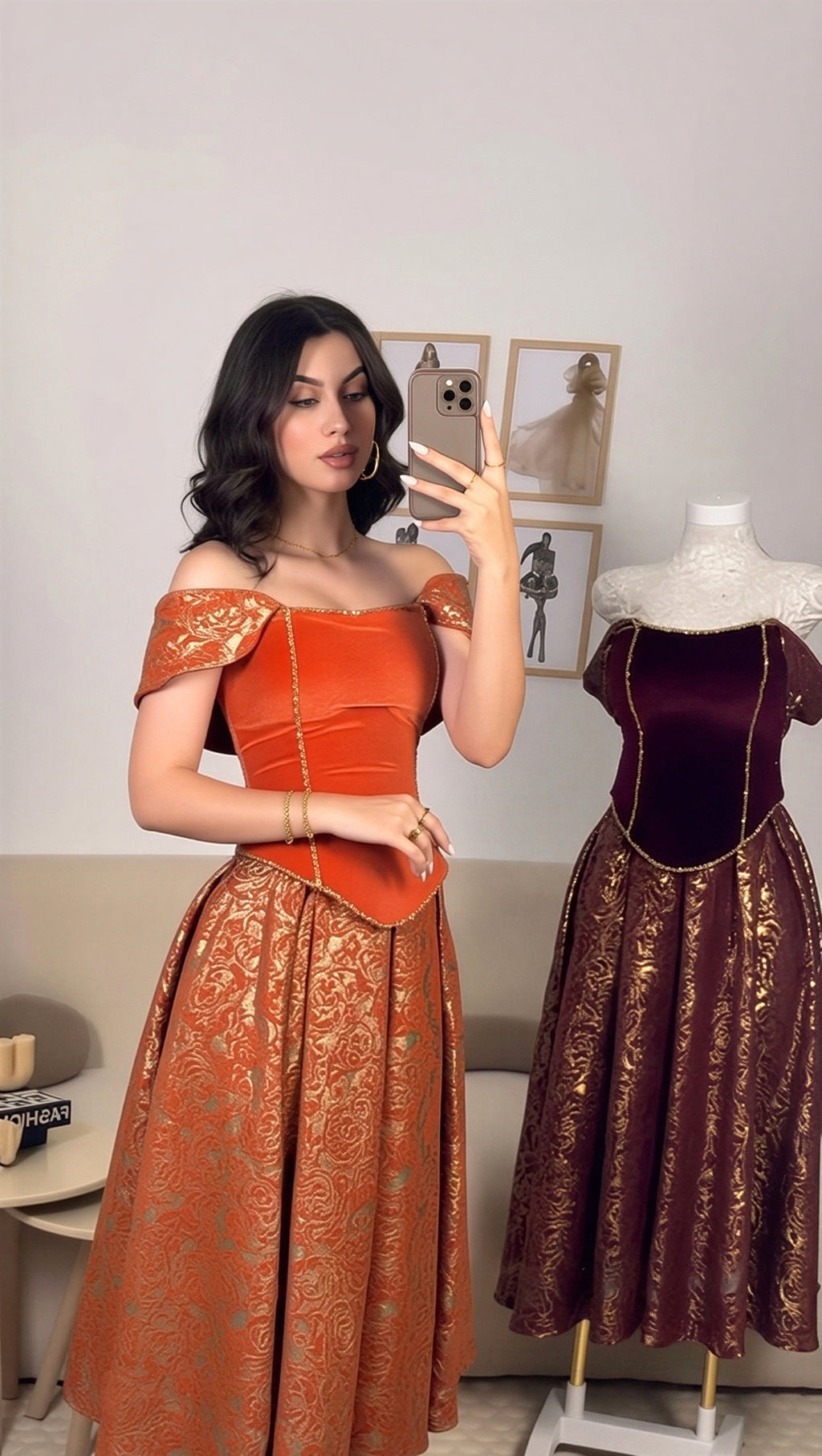 Robe Midi de Bal en Velours & Brocart Doré
