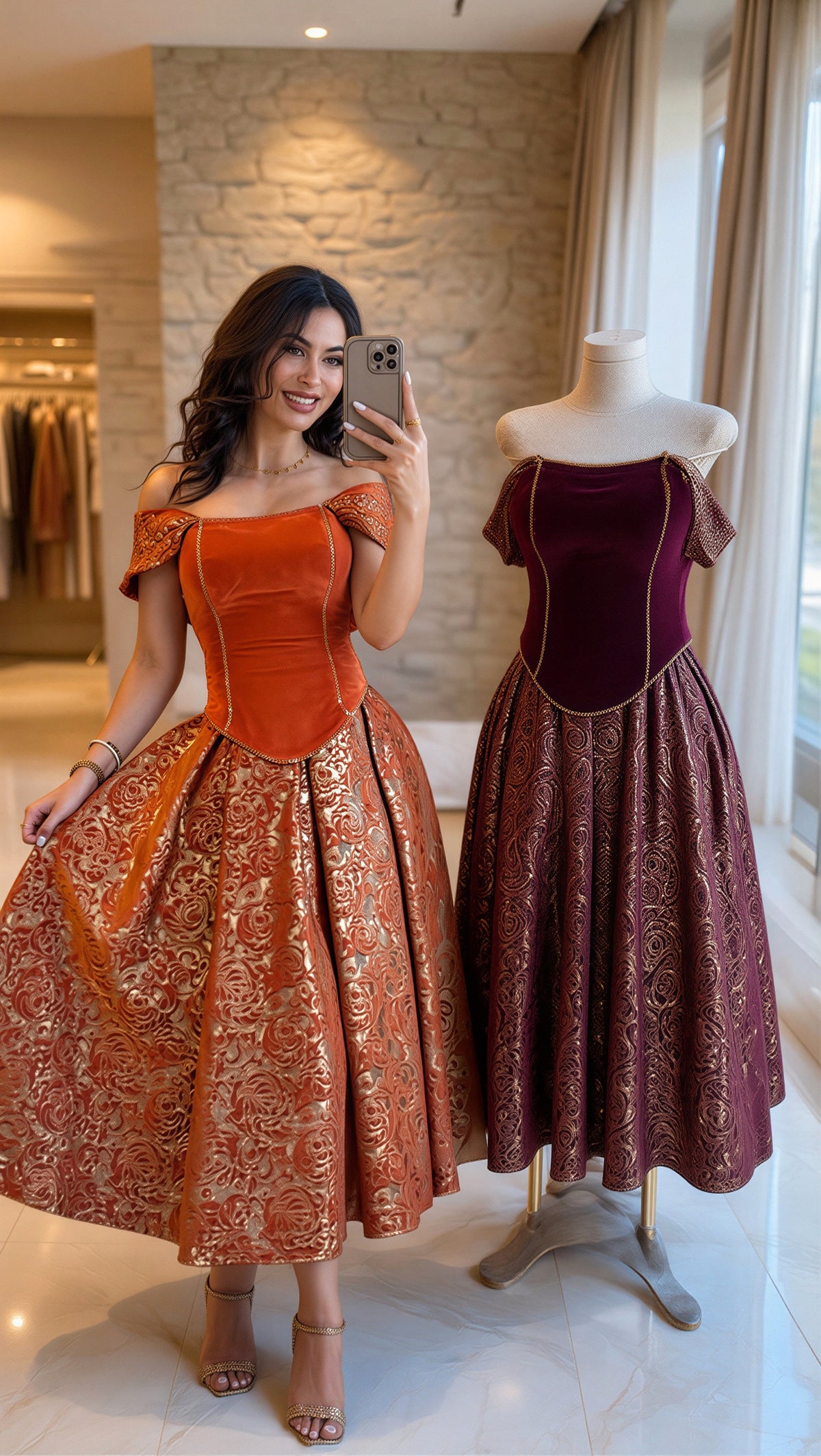 Robe Midi de Bal en Velours & Brocart Doré